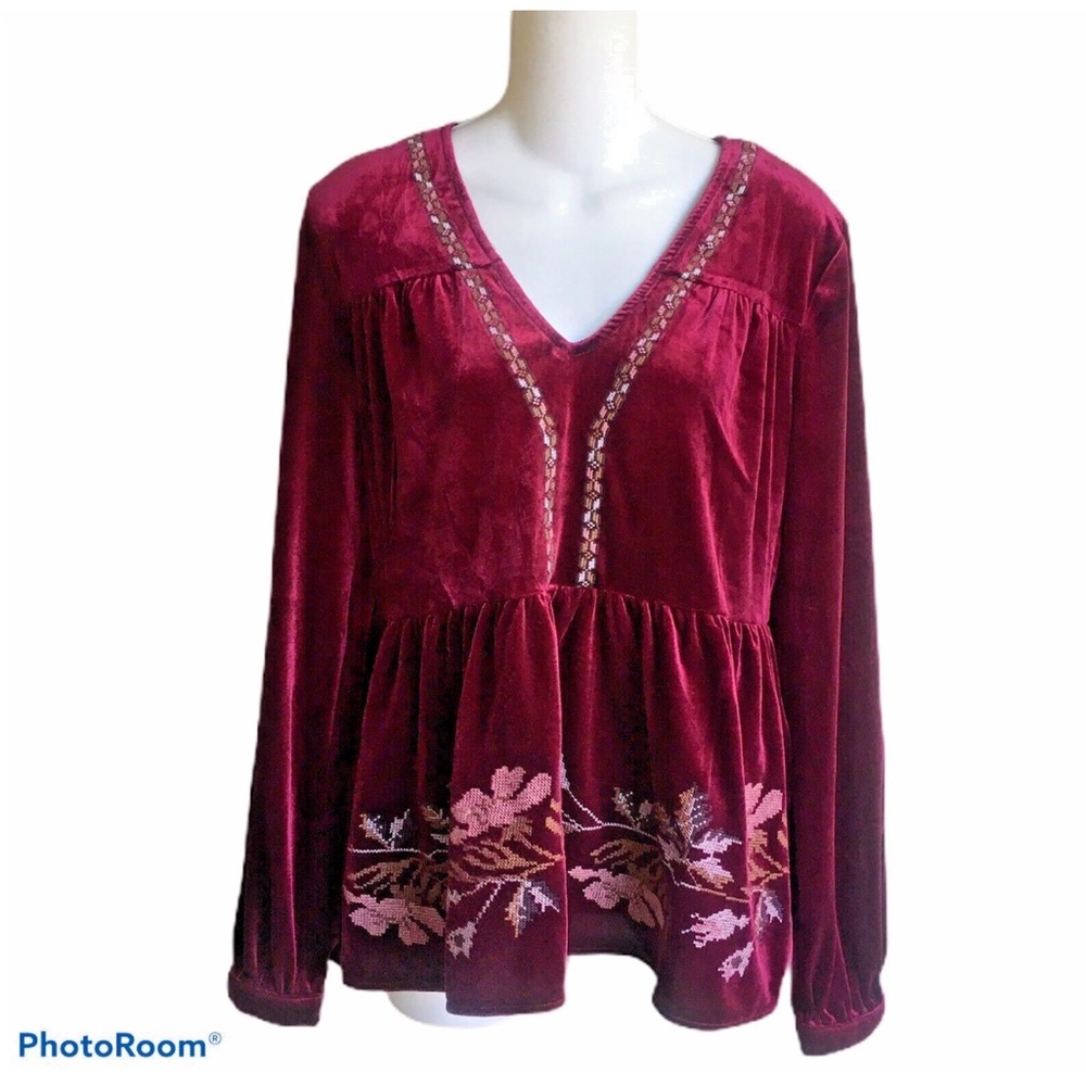 Love Riche Boho Wine Burgundy Velvet High Waist Top Embroider NWT Ladies Medium